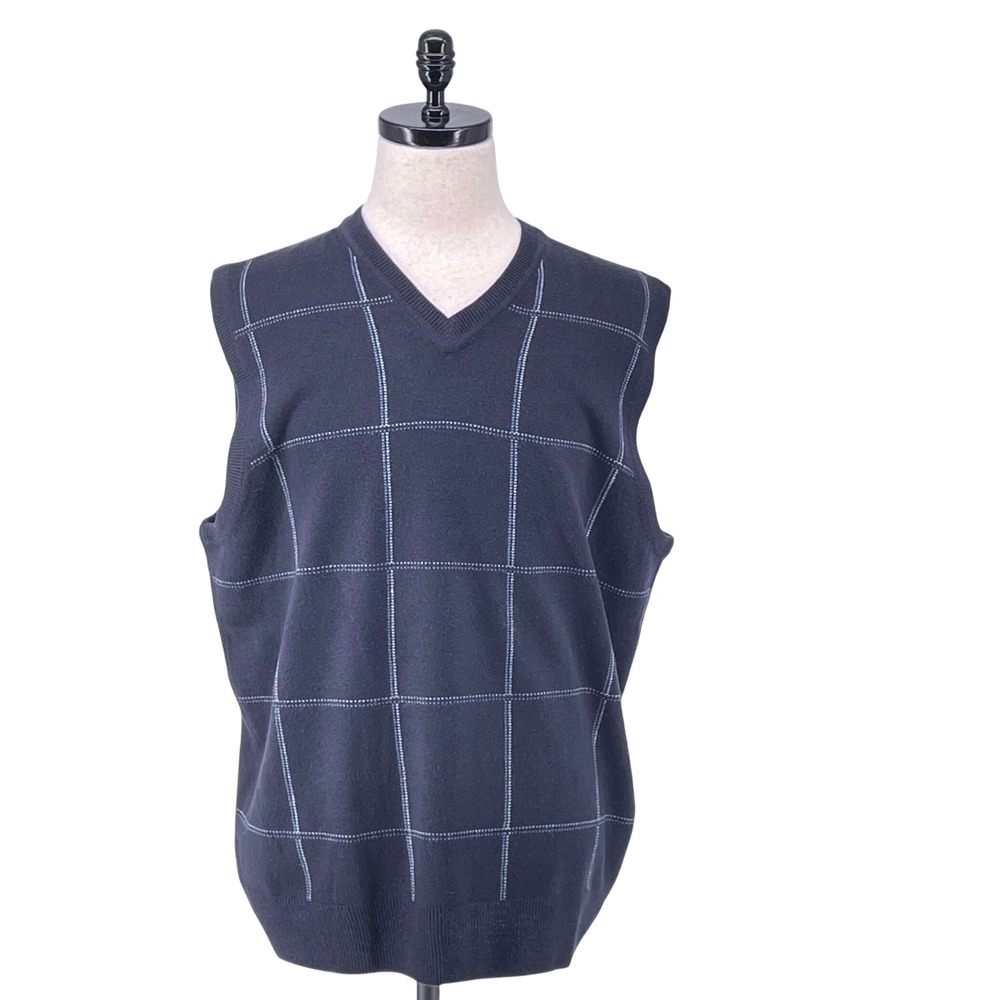Dockers Mens‎ V Neck Sweater Vest Blue Windowpane Plaid Knit Sleeveless Size XL